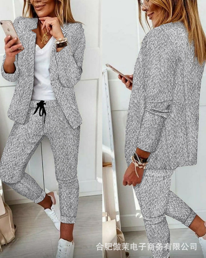 Women Casual-Tailoring Two-Piece Set with Structured Long Blazer and Drawstring Jog Pants Mune Fashion