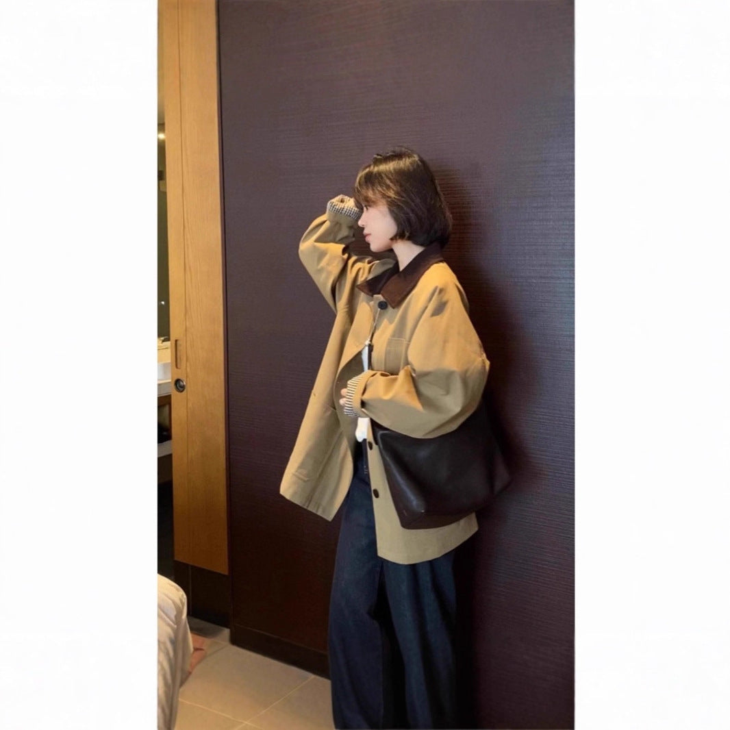 Womens Wide Short Jacket in Cabana Style with Contrast Collar Mune Fashion
