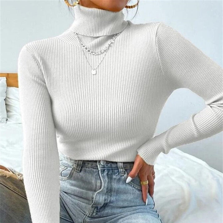 Women's Elegant Turtleneck Sweater with Fine Ribbed Texture Mune