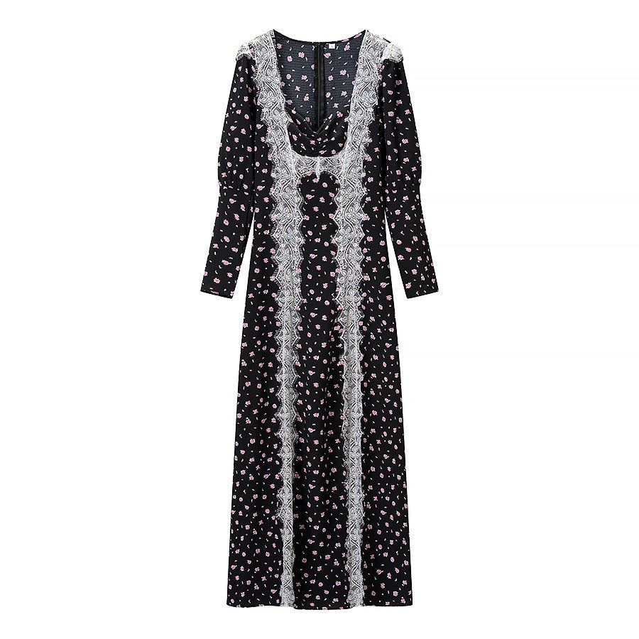Women’s Maxi Dress with Lace Trim and Floral Allover Print Mune Fashion