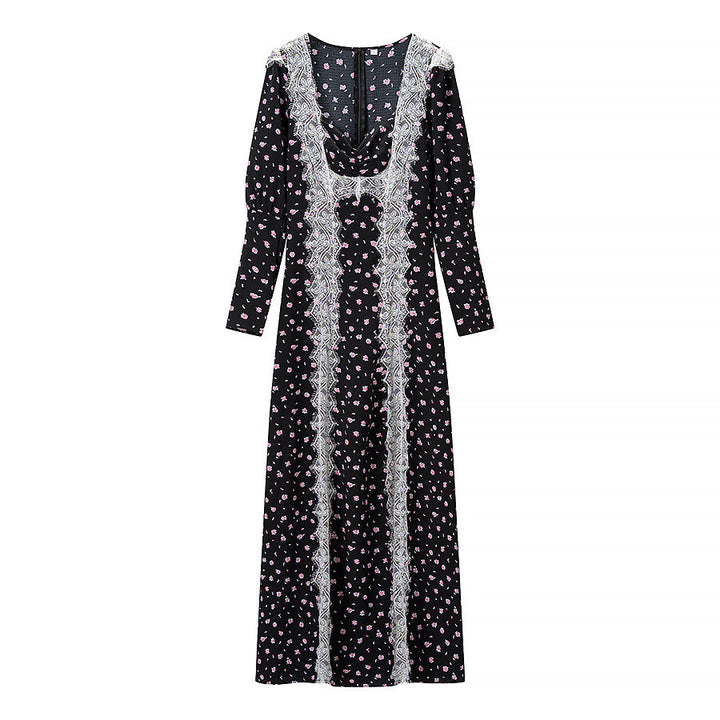 Women’s Maxi Dress with Lace Trim and Floral Allover Print Mune Fashion