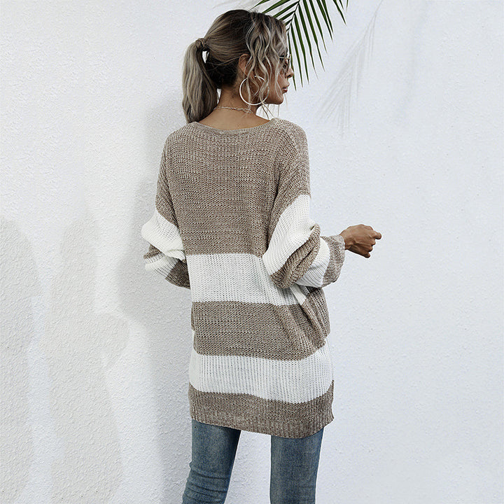 Women Casual Knit Sweater with Block Stripes Mune Fashion