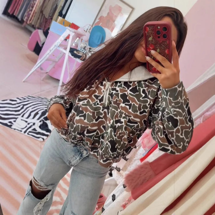 Women's Oversize Hooded Half-Zip Sweatshirt with Lined Hood and Allover Print Mune Fashion