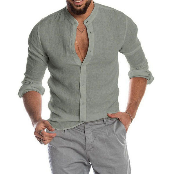 Men's linen shirt with stand-up collar, continuous button placket, and casual slim-fit cut Mune Fashion