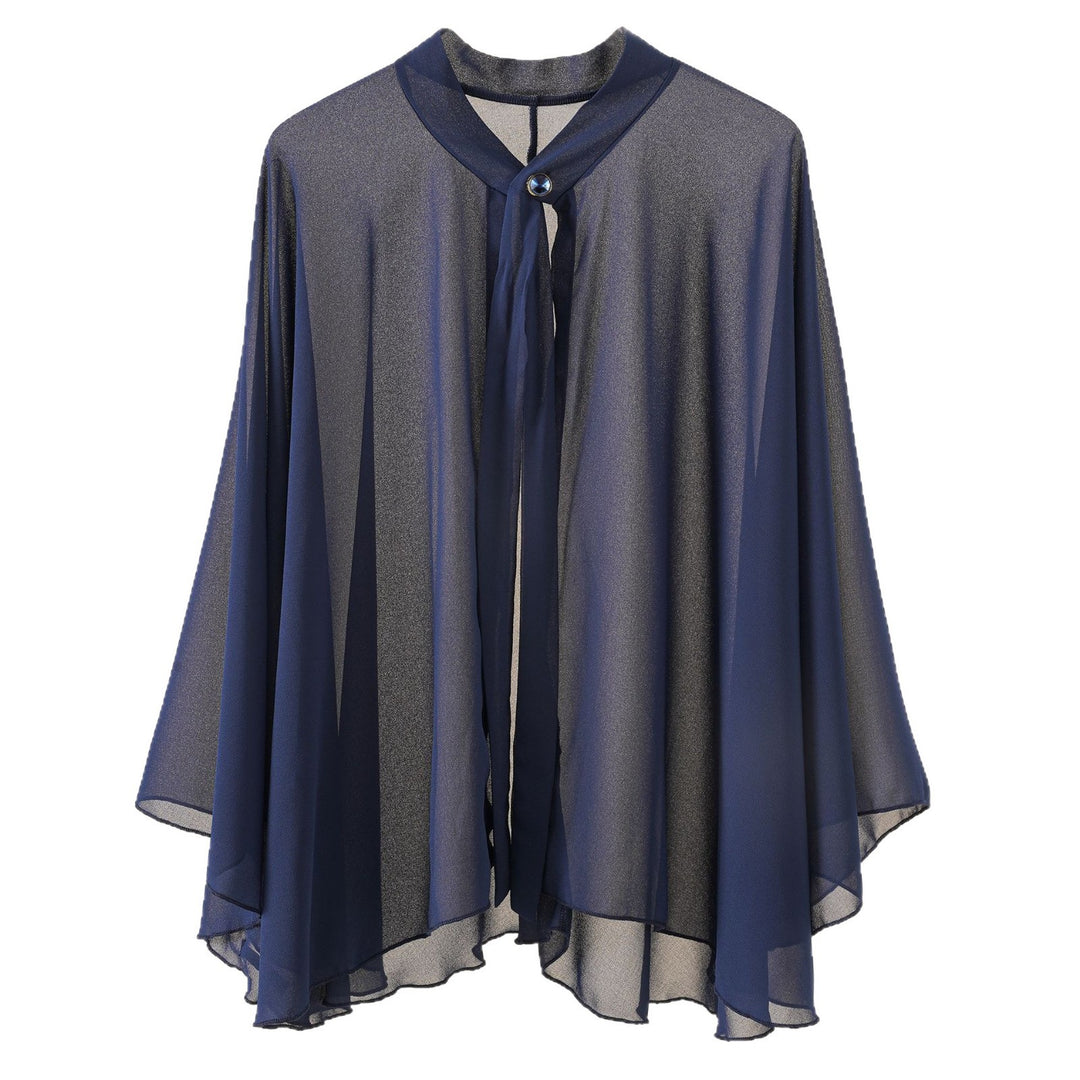 Women's Chiffon Cape with Bow Collar and Decorative Button Mune Fashion