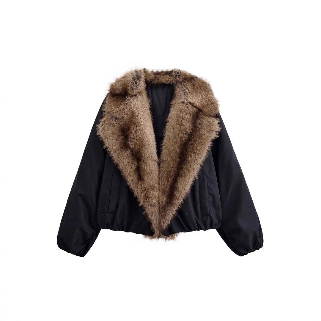 Ladies Short Quilted Bomber Jacket with Voluminous Faux Fur Shawl Collar Mune Fashion