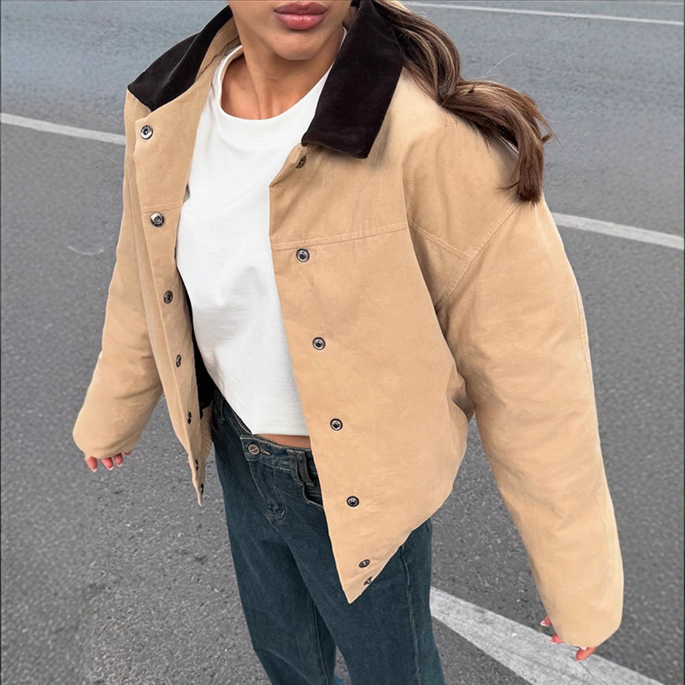 Women's Short Cord Workwear Blouson with Contrast Collar Mune Fashion