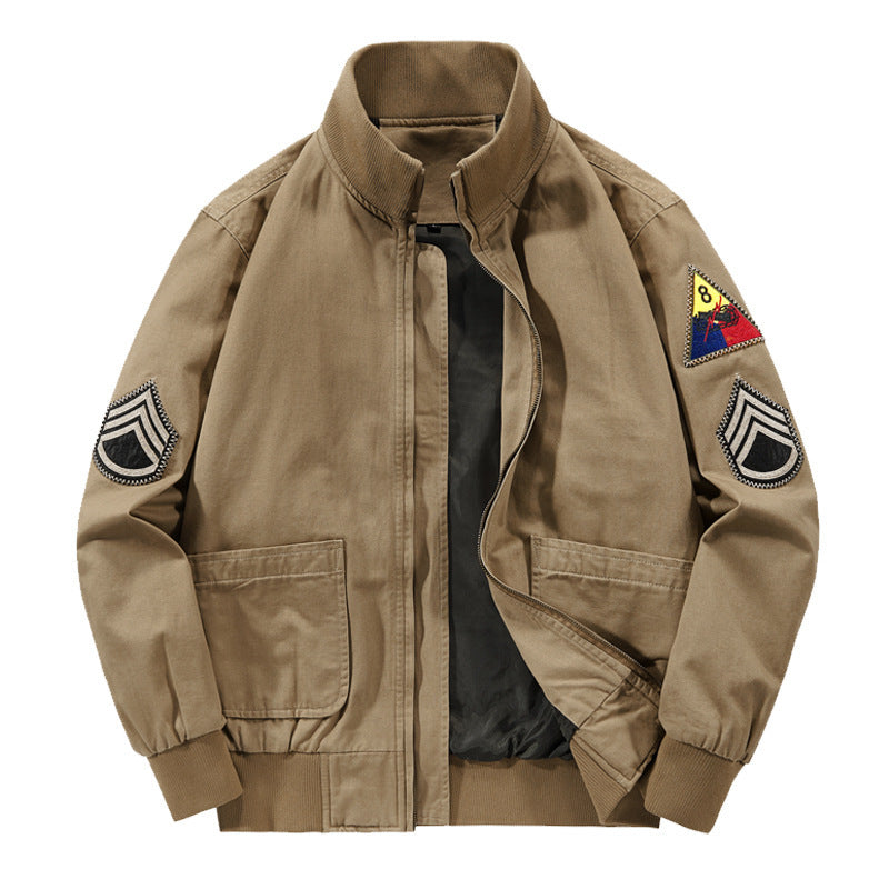 Men's Cotton Canvas Bomber Jacket with Embroidered Patches and Stand-Up Collar Mune Fashion