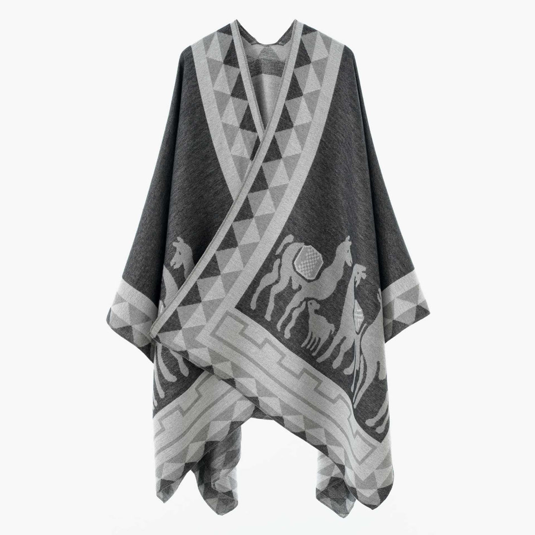 Women's Jacquard Poncho with Riding Motif and Geometric Border Pattern Mune Fashion