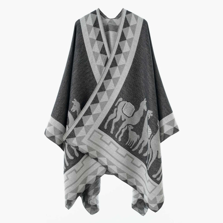 Women's Jacquard Poncho with Riding Motif and Geometric Border Pattern Mune Fashion