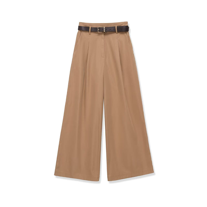 Women High-Waisted Palazzo Pants with Pleats and Waist Belt Mune Fashion