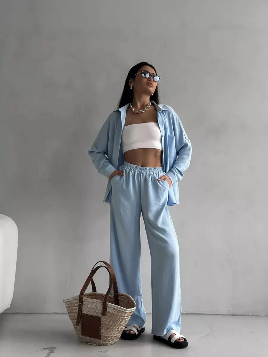 Women Two-Piece Lounge Set Oversize Blouse with Chest Pocket and Wide Palazzo Pants Mune Fashion