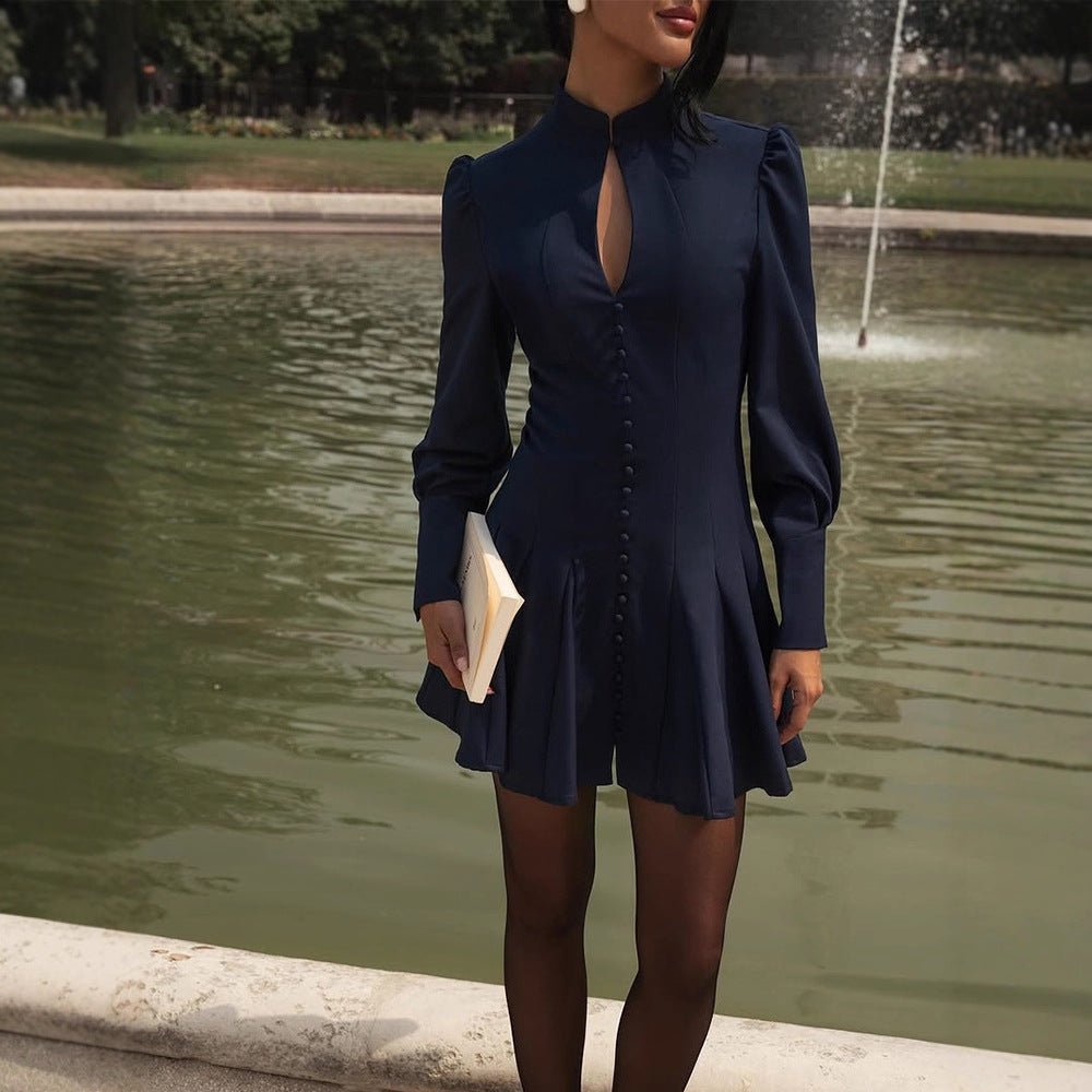 Women's Tailored Skater Mini Dress with Stand Collar, Button Placket and Keyhole Detail Mune Fashion