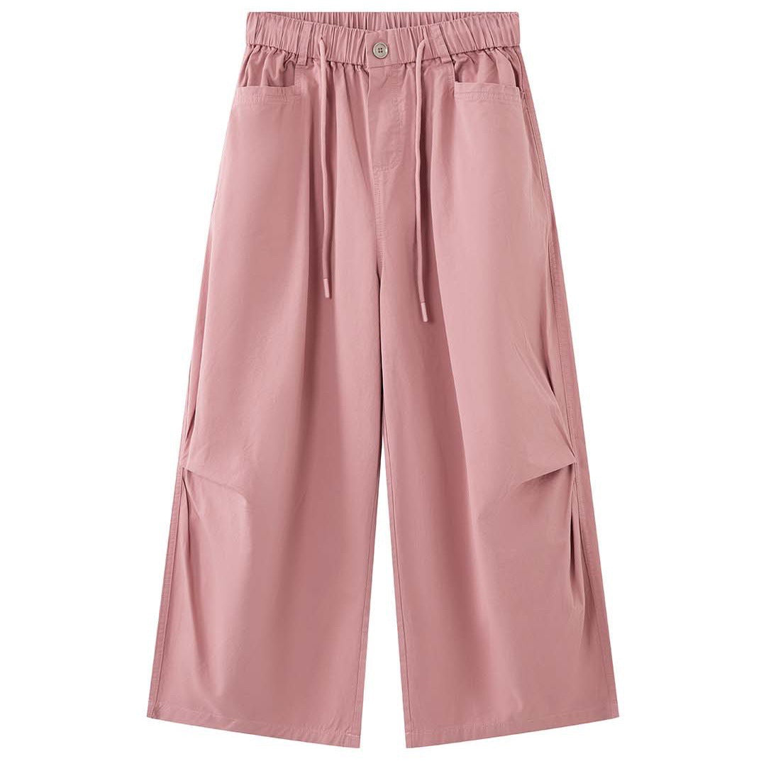 Women Wide High-Waist Cotton Pants with Drawstring and Cuffed Hem Mune Fashion