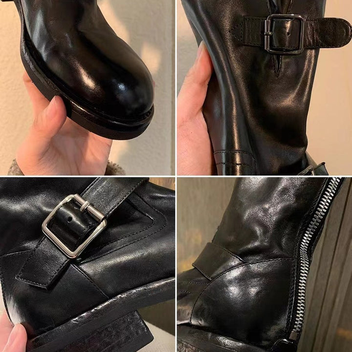 Ladies Calf-high Biker Boots made of Smooth Leather with Double Strap and Back Zipper Mune Fashion