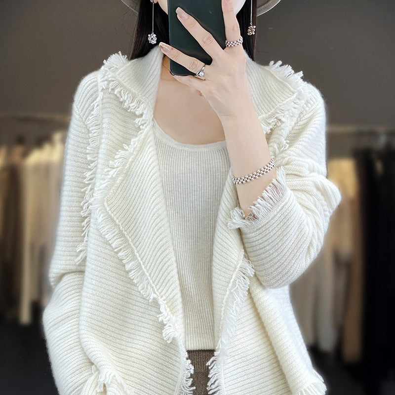Women’s Long Fringe Knit Cardigan with Large Shawl Collar and Fine Rib Structure Mune Fashion