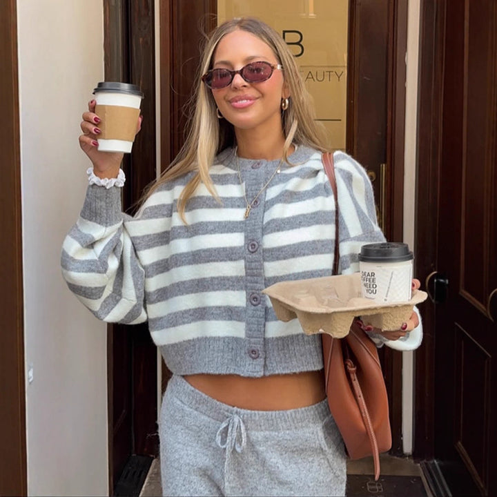 Ladies cropped knit set with striped button jacket, balloon sleeves, and high-waist jogger Mune Fashion