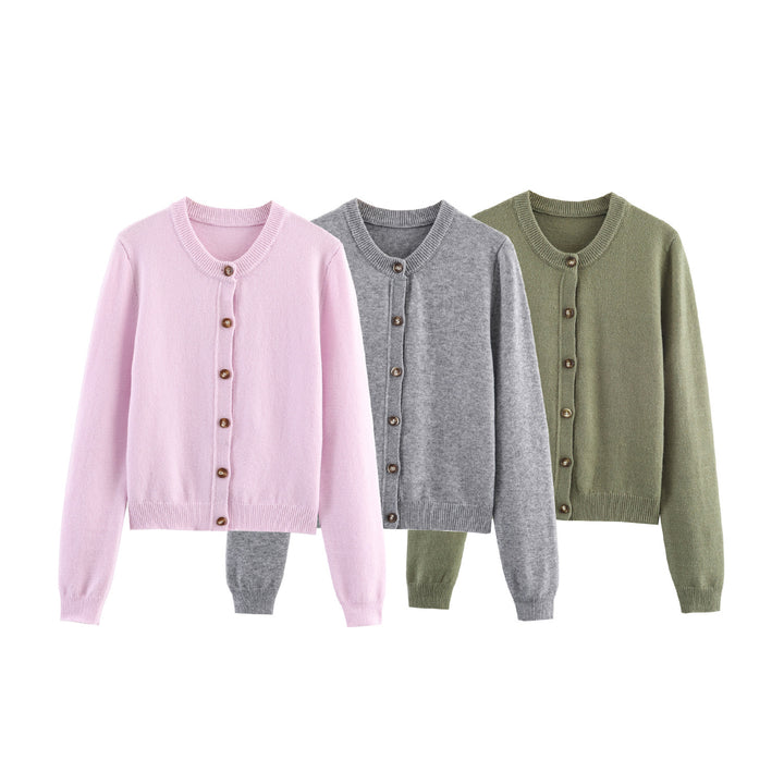 Women's fine button cardigan with round neckline, full button placket, ribbed hem, and slim silhouette Mune Fashion