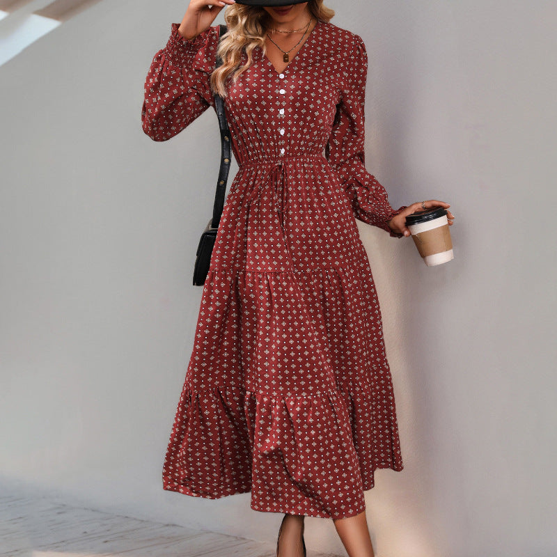 Ladies midi dress with V-neck, smocked waist, tiered hem and floral all-over print Mune Fashion