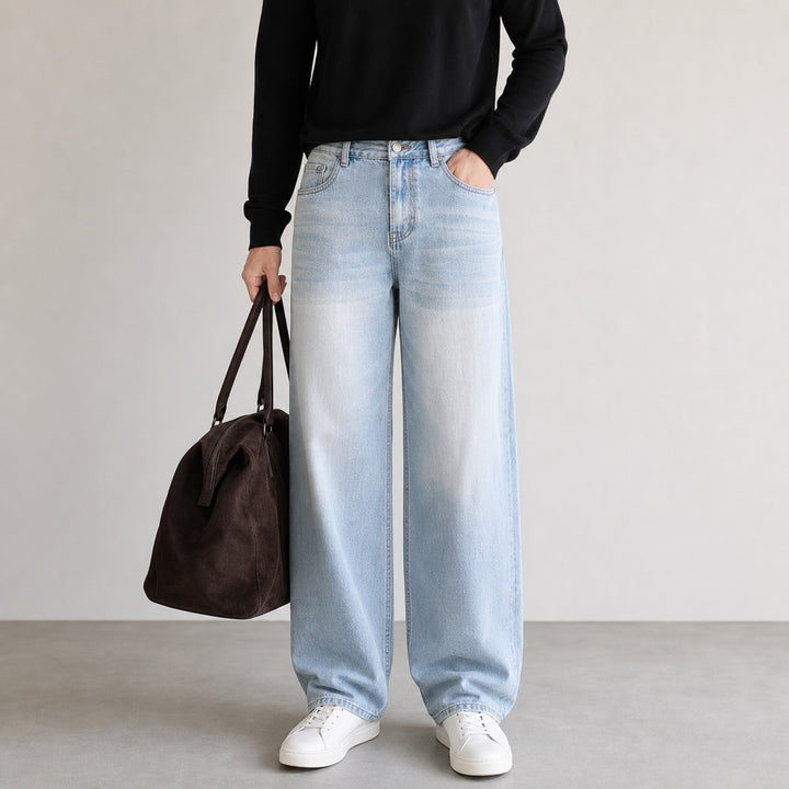 Women's Wide High-Waist Denim Pants with Wide Leg and Vintage Wash Mune Fashion