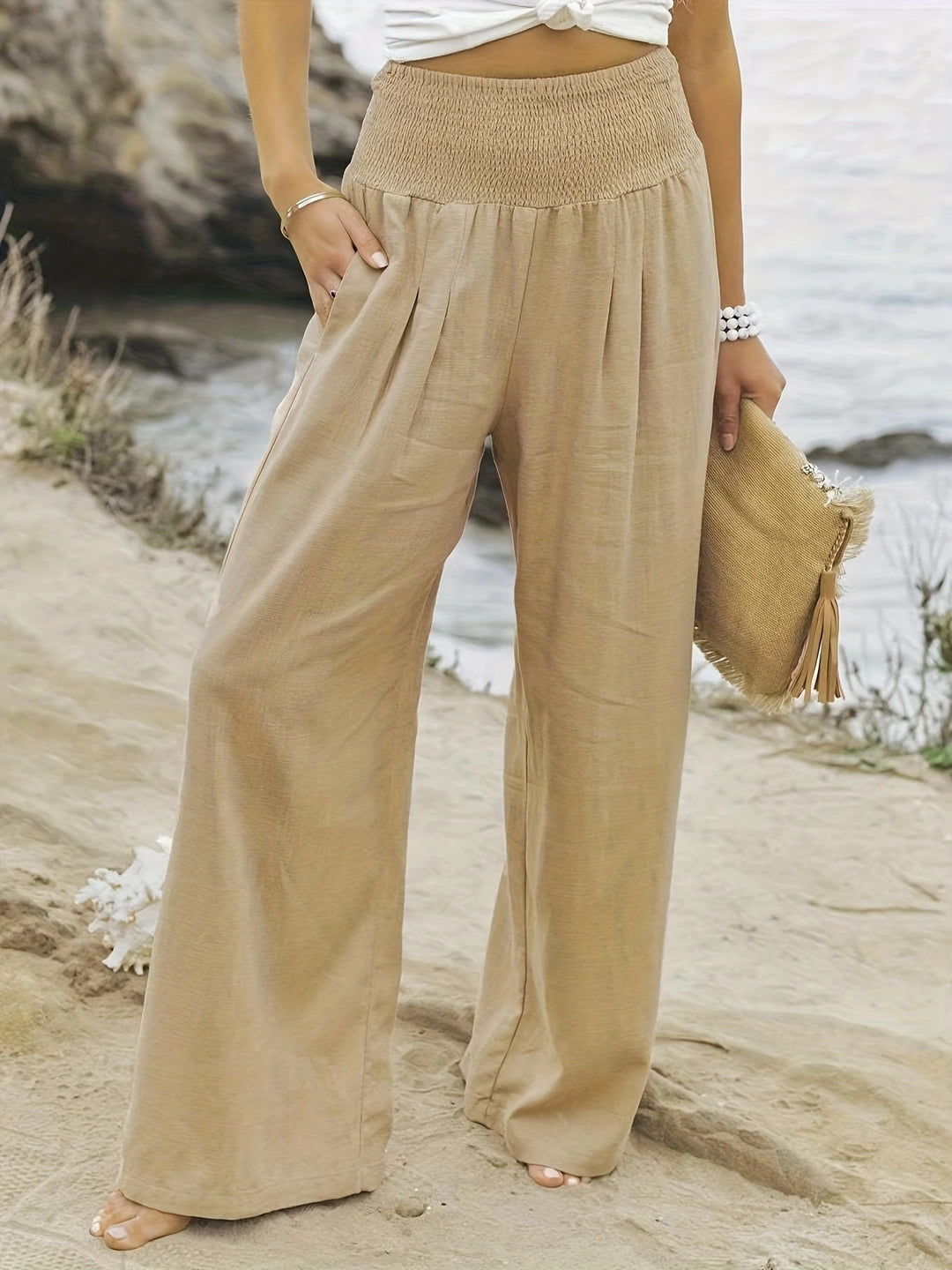 Women's Wide Linen Pants with Smocked Band and Side Pockets Mune Fashion