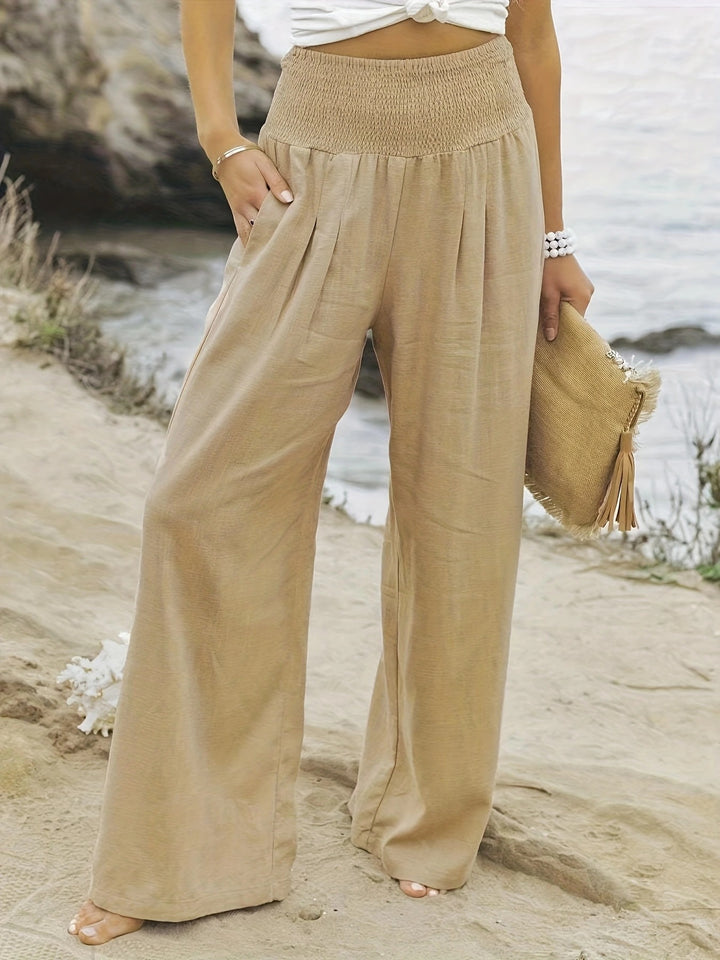 Women's Wide Linen Pants with Smocked Band and Side Pockets Mune Fashion