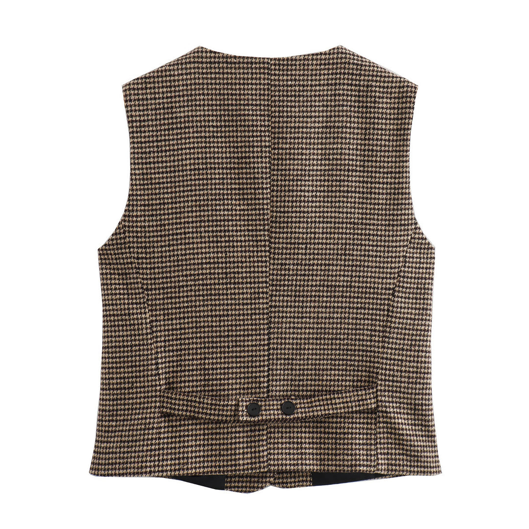 Women tailored houndstooth vest with V-neck and button placket Mune Fashion