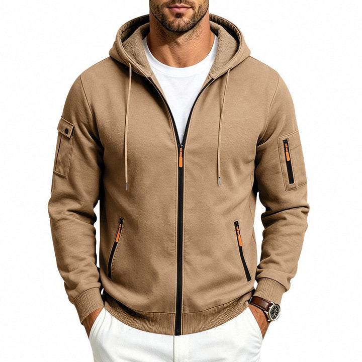 Men's Hooded Zipper Jacket with Arm Pockets, Contrast Zipper and Ribbed Cuffs Mune Fashion