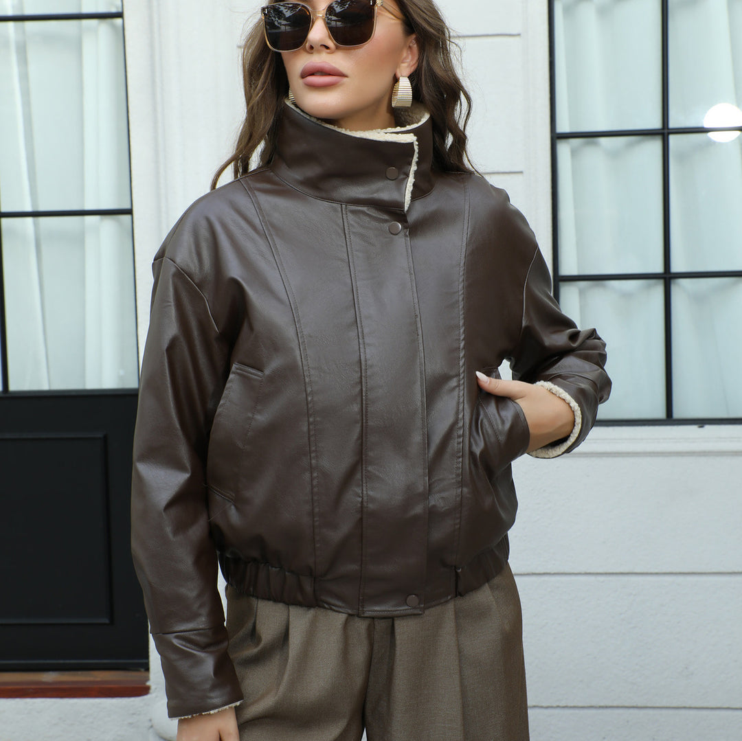 Ladies Short Cut Faux Leather Jacket with Teddy Collar and Snap Buttons Mune Fashion