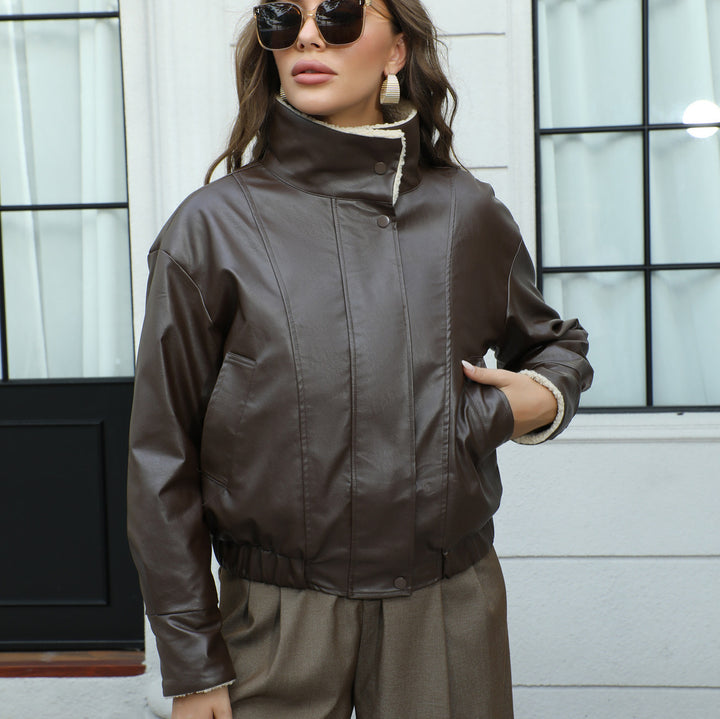 Ladies Short Cut Faux Leather Jacket with Teddy Collar and Snap Buttons Mune Fashion