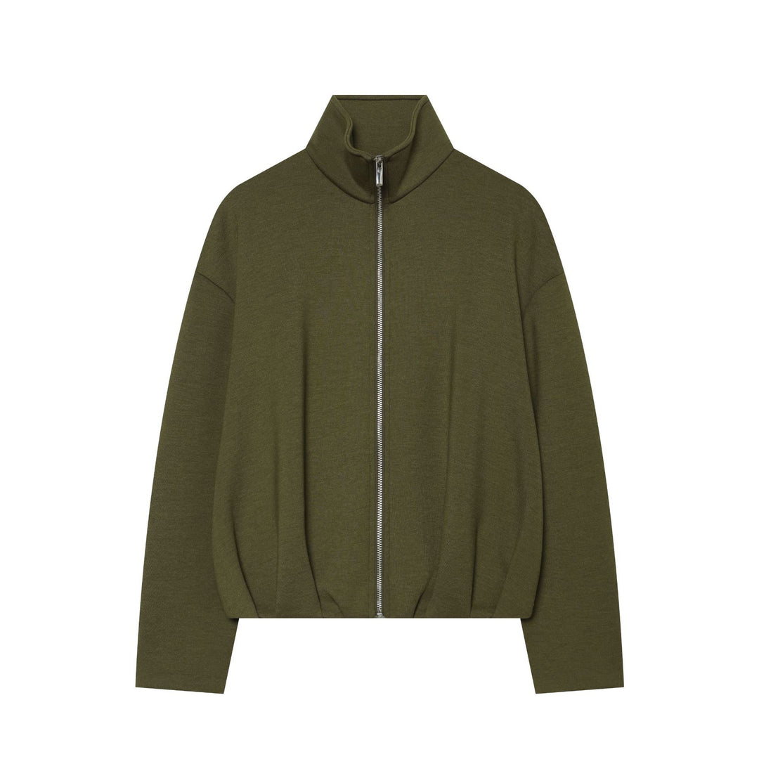 Women's cropped sweat jacket with high stand-up collar, full-length zipper and tailored drawstring hem Mune Fashion