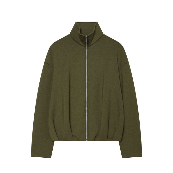 Women's cropped sweat jacket with high stand-up collar, full-length zipper and tailored drawstring hem Mune Fashion