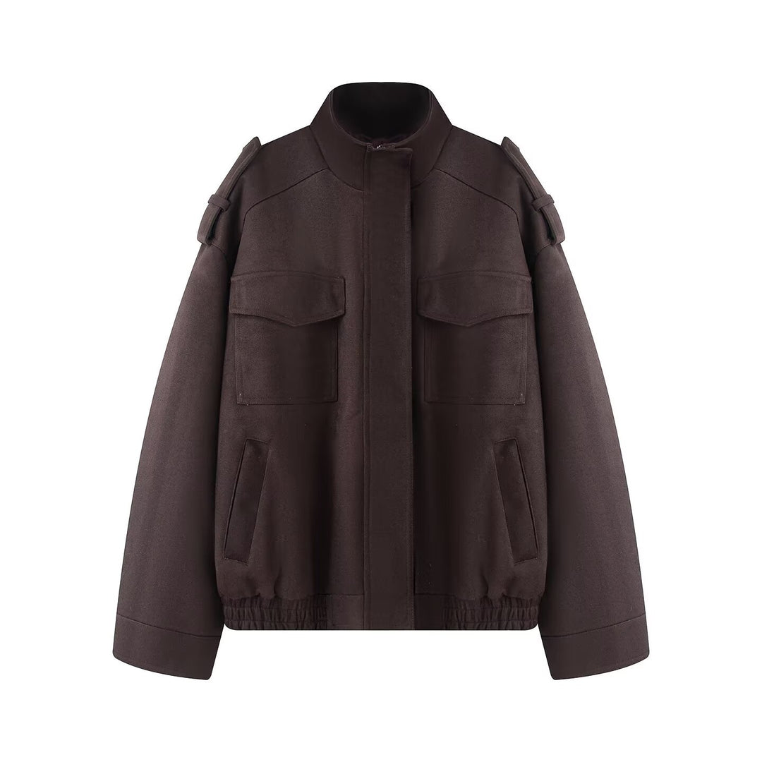 Ladies wool blend blouson with shoulder epaulettes, patch breast pockets and elastic hem Mune Fashion