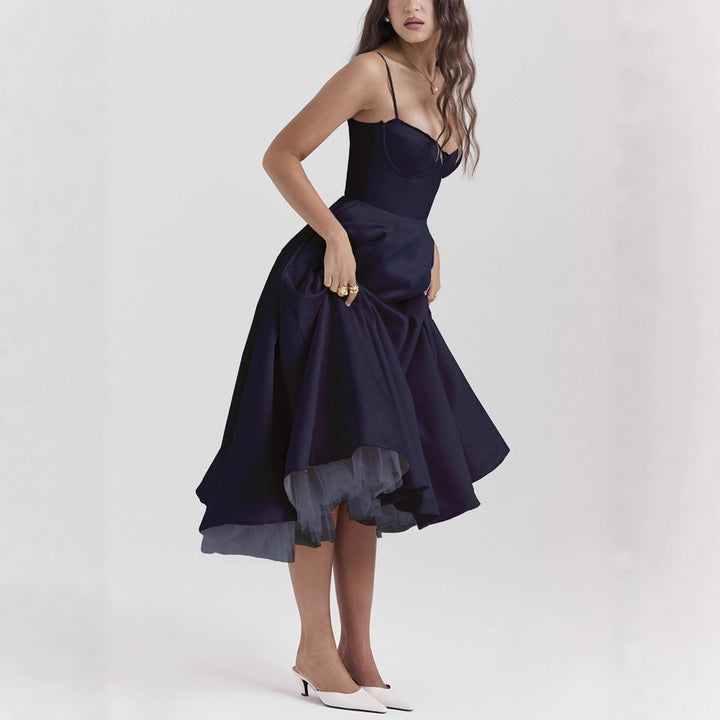 Ladies nan bustier dress with shaped bodice, soft flared skirt, integrated tulle underlay and side pockets Mune Fashion