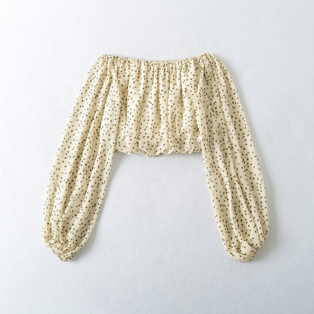 Ladies Carmen Cropped Chiffon Blouse with Elastic, Ruffle Trim and Long Balloon Sleeves Mune Fashion