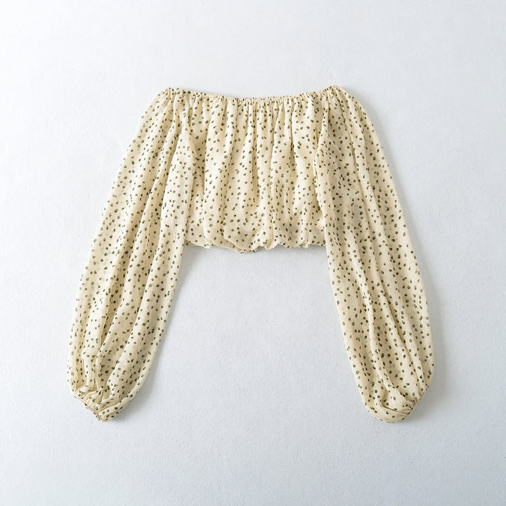 Ladies Carmen Cropped Chiffon Blouse with Elastic, Ruffle Trim and Long Balloon Sleeves Mune Fashion