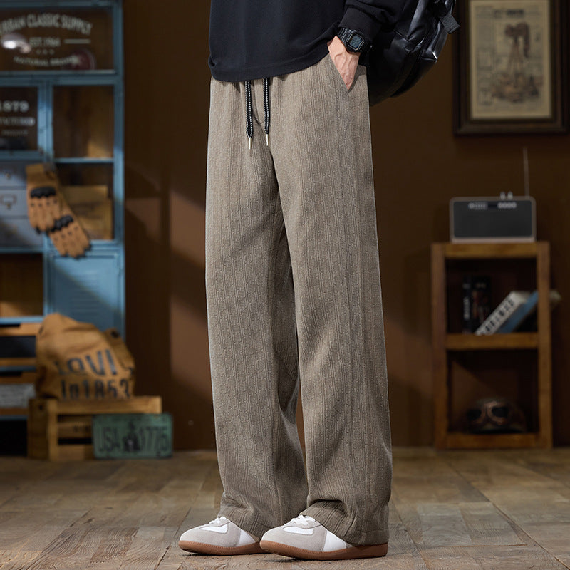 Men's Wide-Cut Lounge Pants made of Ribbed Structured Fabric with Elastic Waistband and Drawstring Mune Fashion