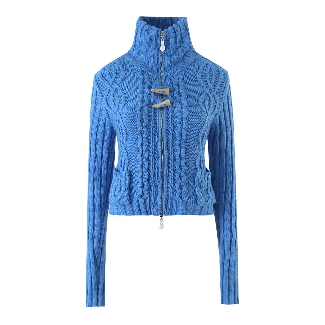 Ladies short knitted cardigan with stand-up collar, cable pattern, wooden button toggles and pockets Mune Fashion