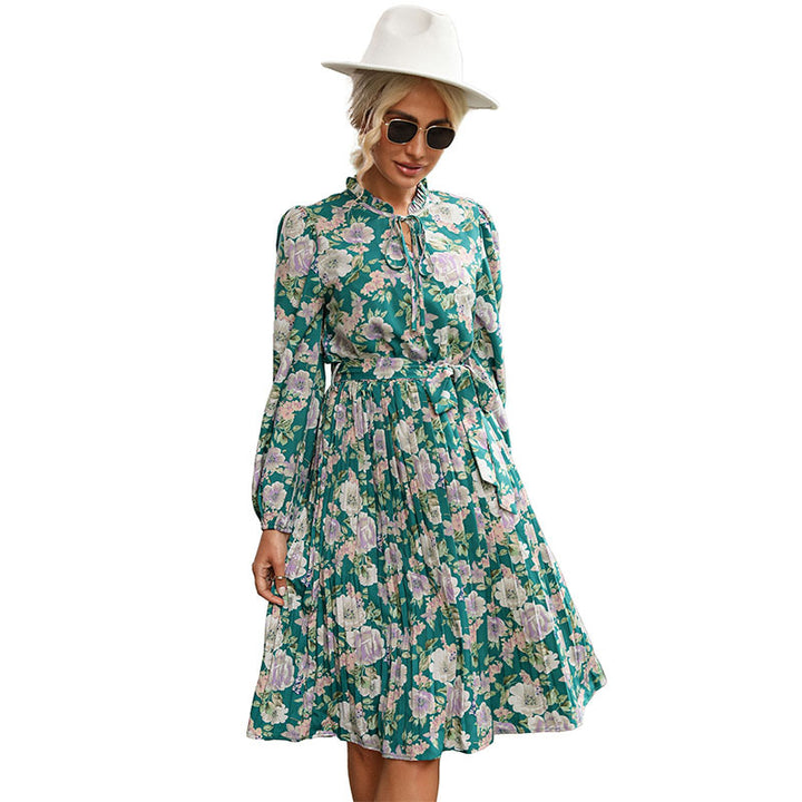 Women's Pleated Midi Dress with Stand Collar Bow, Puff Sleeves, and Removable Pearl Belt Mune Fashion