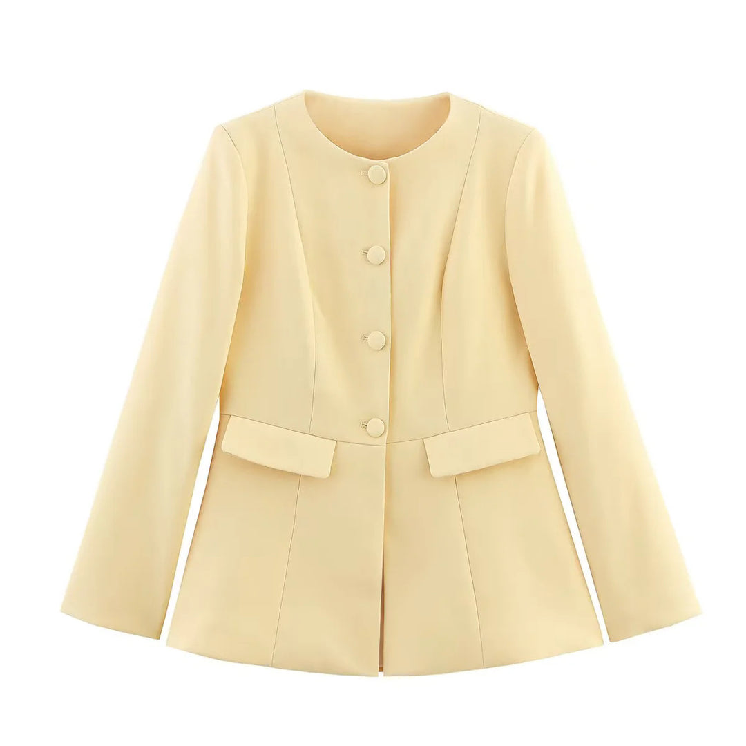 Women tailored round neck blazer jacket with concealed button placket, flap pockets and figure-enhancing seam lines Mune Fashion
