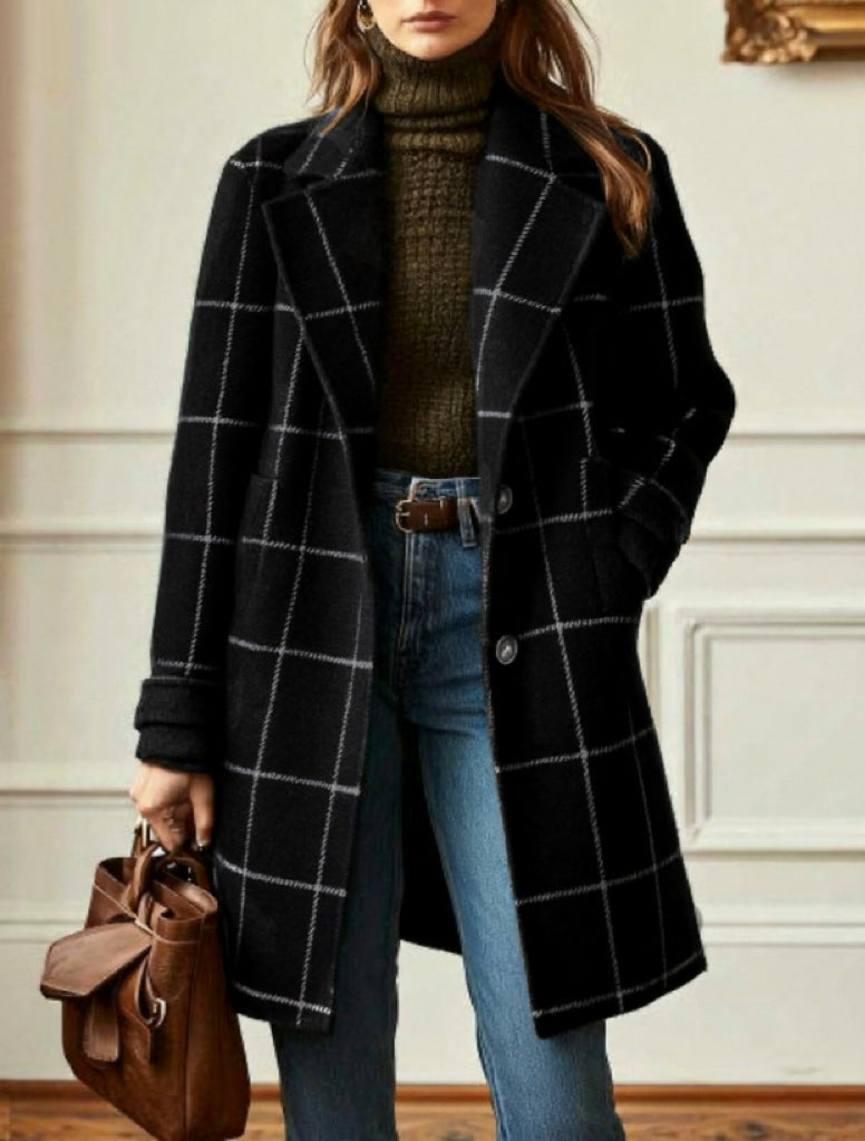 Women's checked wool blend coat with lapel collar, patch pockets, and tailored silhouette Mune Fashion