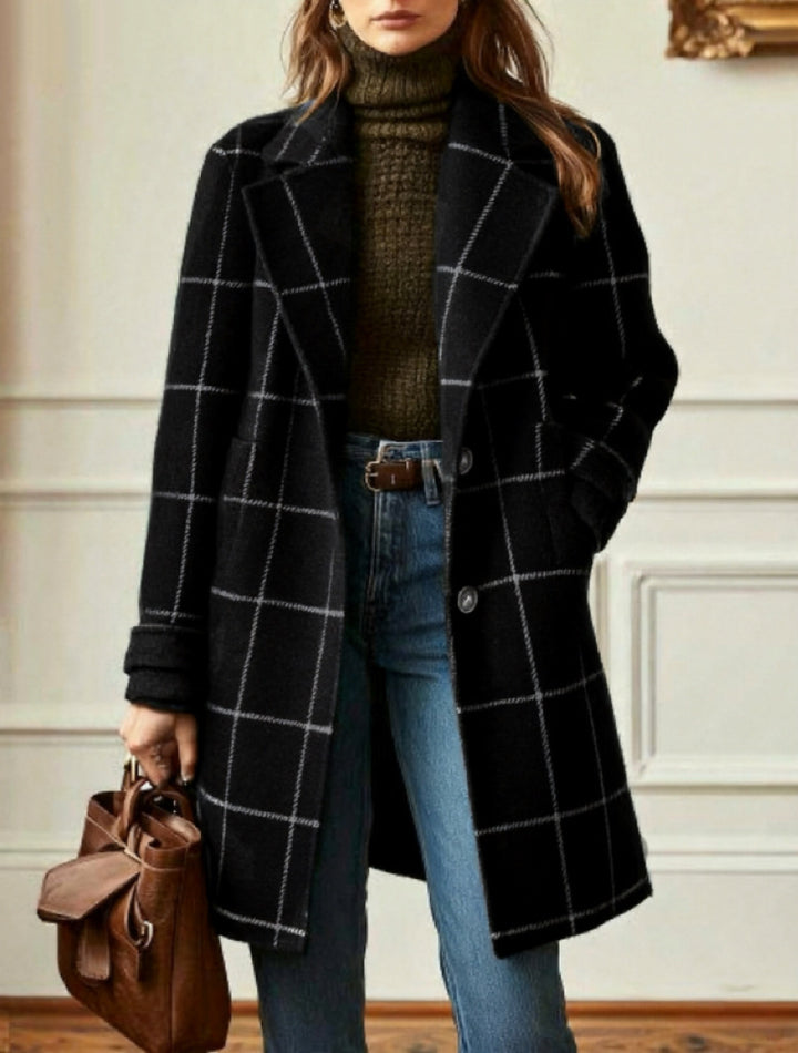 Women's checked wool blend coat with lapel collar, patch pockets, and tailored silhouette Mune Fashion