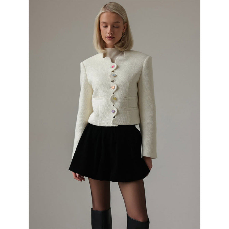 Women's Bouclé Cropped Blazer with Sculptural Shoulder and Wavy Button Placket Mune Fashion