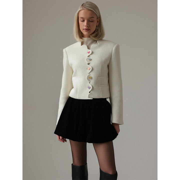 Women's Bouclé Cropped Blazer with Sculptural Shoulder and Wavy Button Placket Mune Fashion