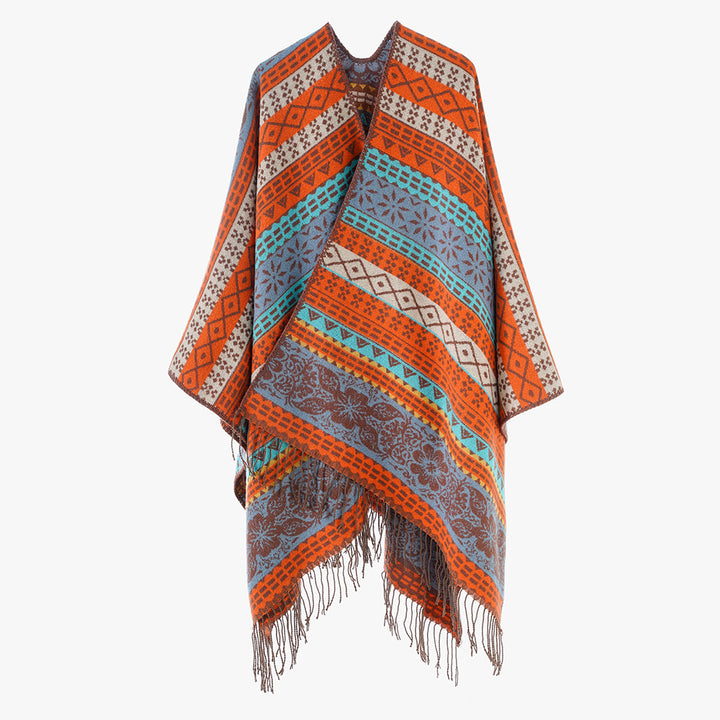 Women's Cape-Poncho with multicolored Jacquard, open front and fringe hem Mune Fashion
