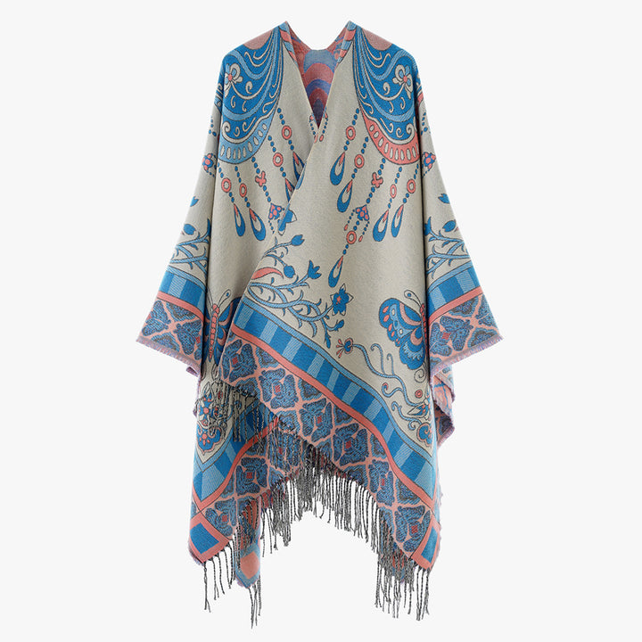 Women Jacquard Statement Poncho with paisley and butterfly motif as well as fringes Mune Fashion
