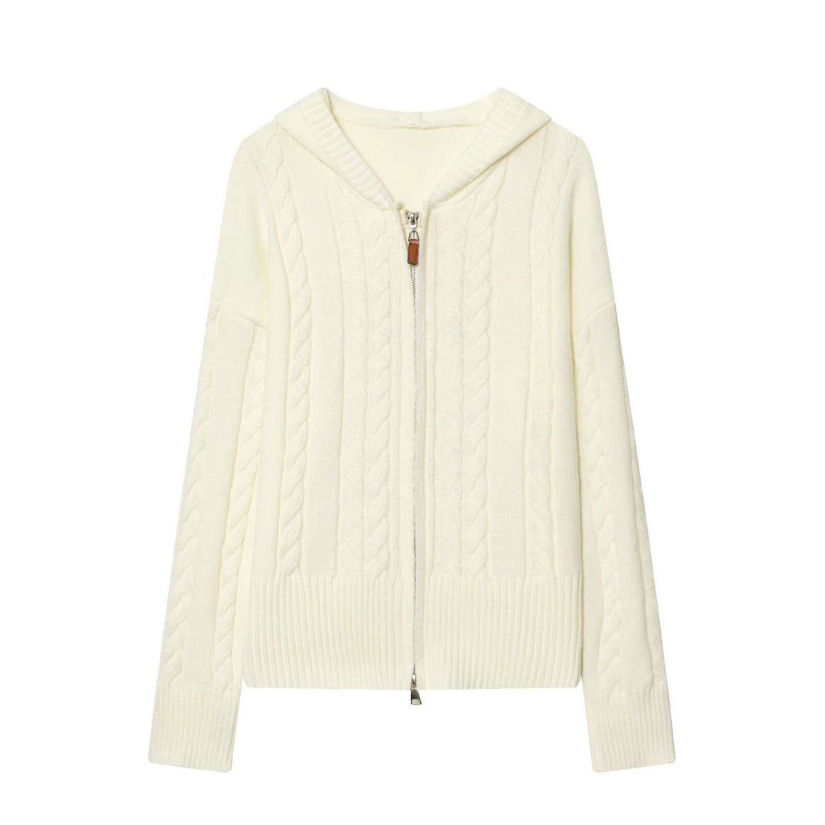 Ladies hooded cardigan with cable knit pattern and metal zipper Mune Fashion