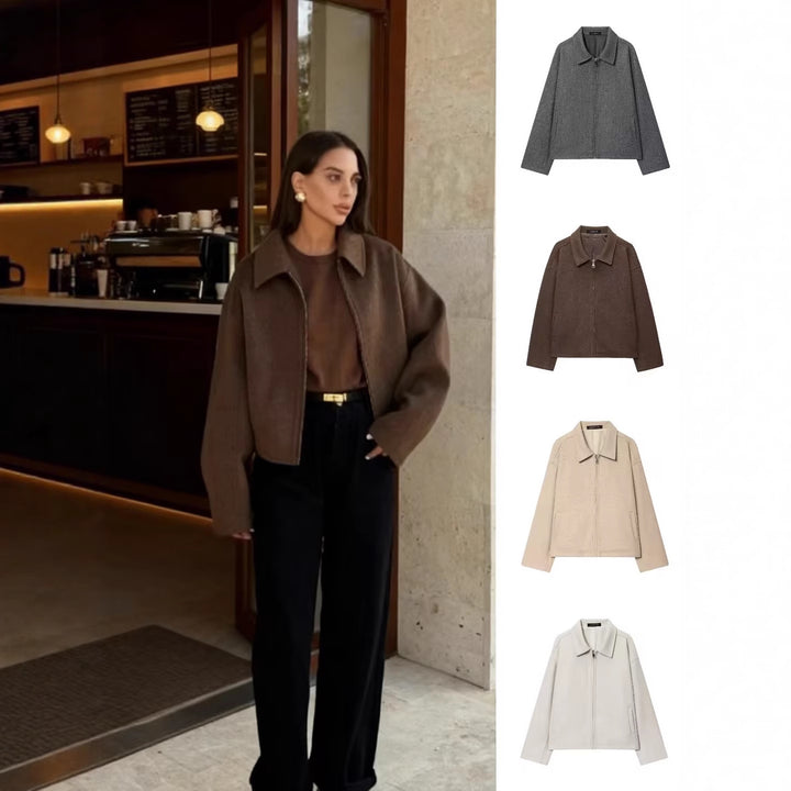 Women Boxy Wool Blend Blouson Jacket with Zipper and Shirt Collar Mune Fashion