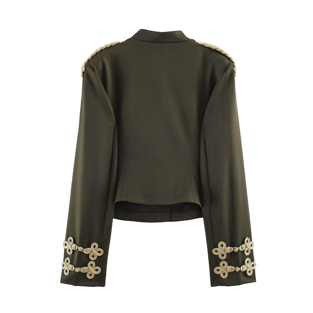 Women's Short Military Blazer with Braided Epaulettes and Decorative Knot Sleeves Mune Fashion