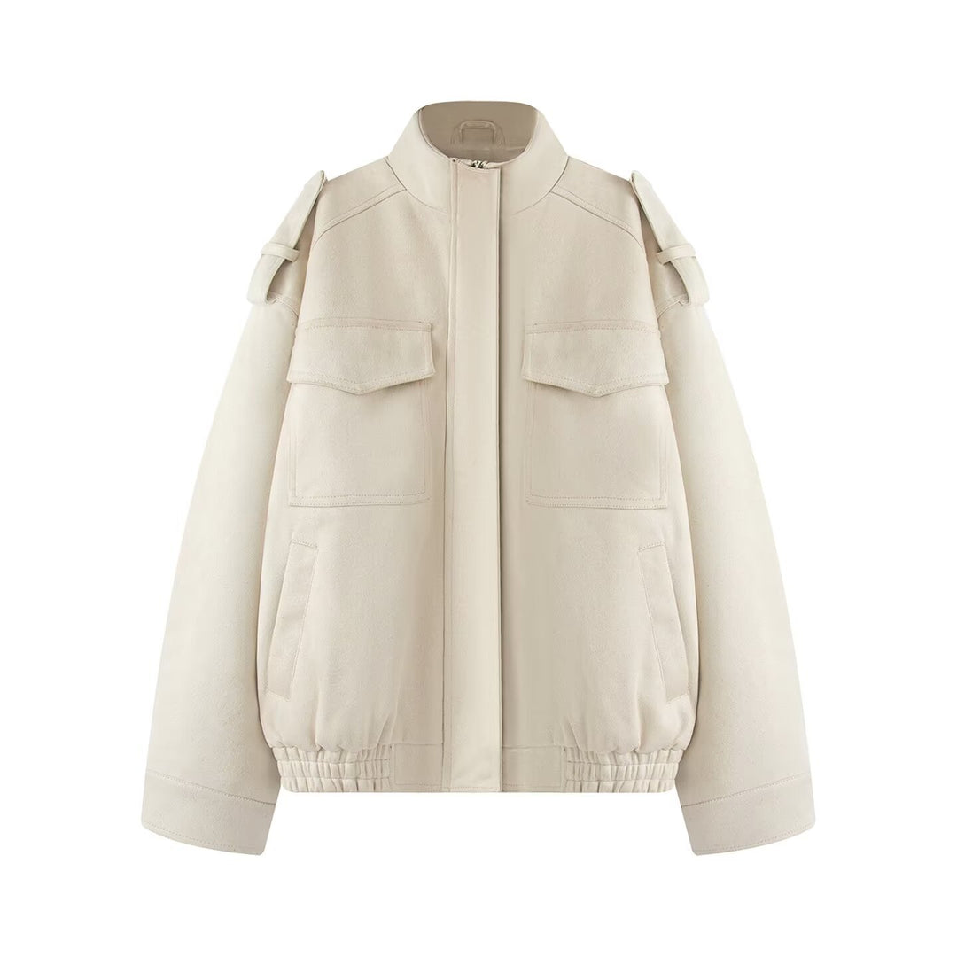 Ladies wool blend blouson with shoulder epaulettes, patch breast pockets and elastic hem Mune Fashion